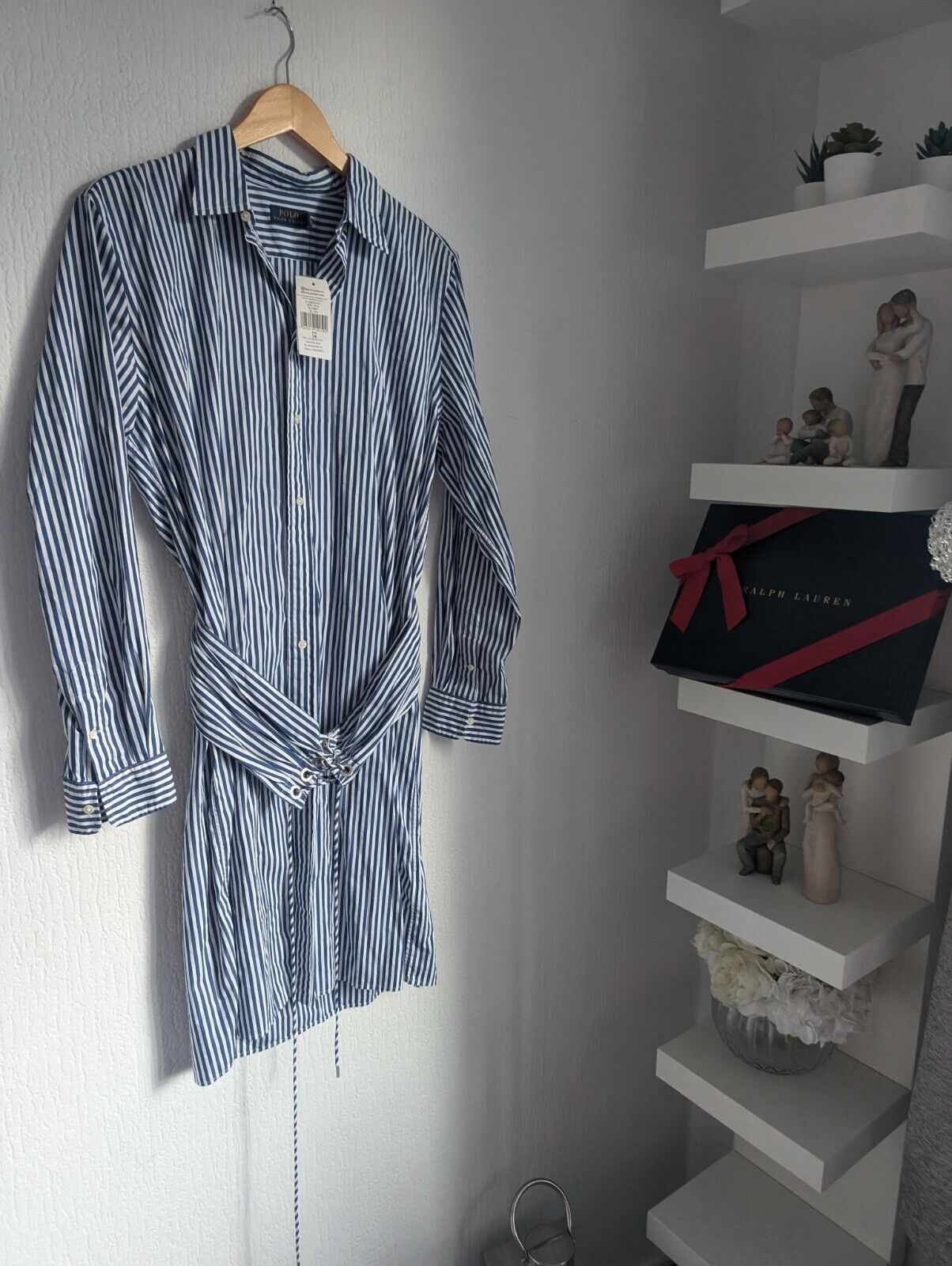 New Polo Ralph Lauren Poplin Shirt Dress Belted Smart UK 14 £175 Blue Stripe