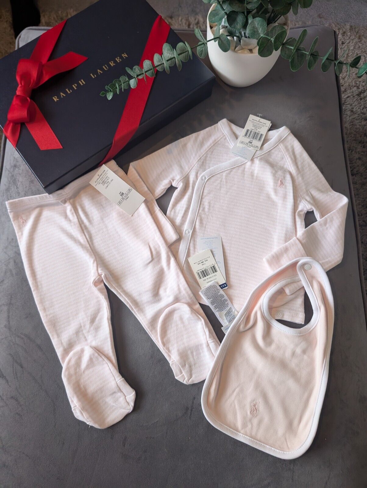 New Ralph Lauren Baby Girl 3 Piece Set Pants Top + Bib Pink Stripe Gift 6-9m