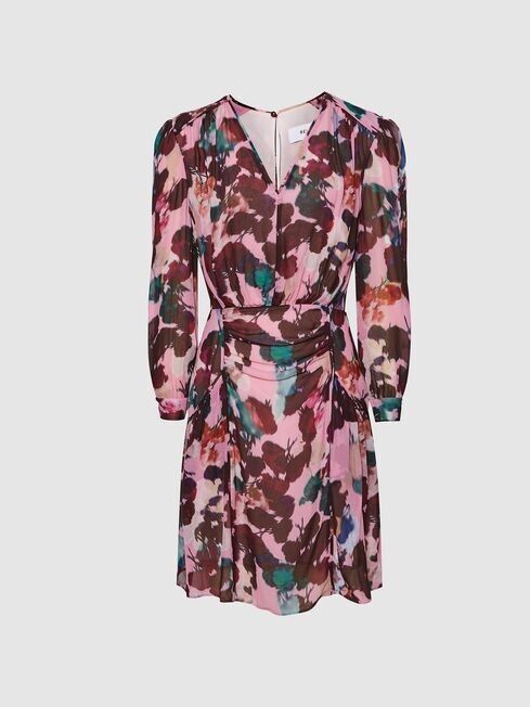 New Reiss Josephine Pink Abstract Floral Printed Viscose Dress Size UK8 Occasion