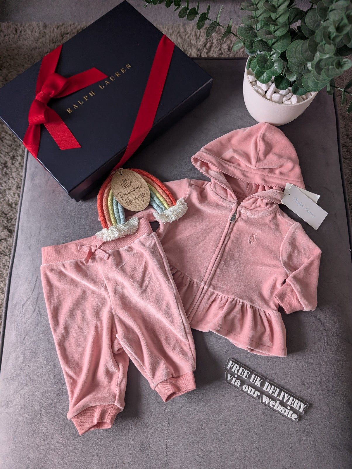 New Gorgeous Ralph Lauren Pink Scalloped Baby Girl Tracksuit 0-3m Gift Velvet