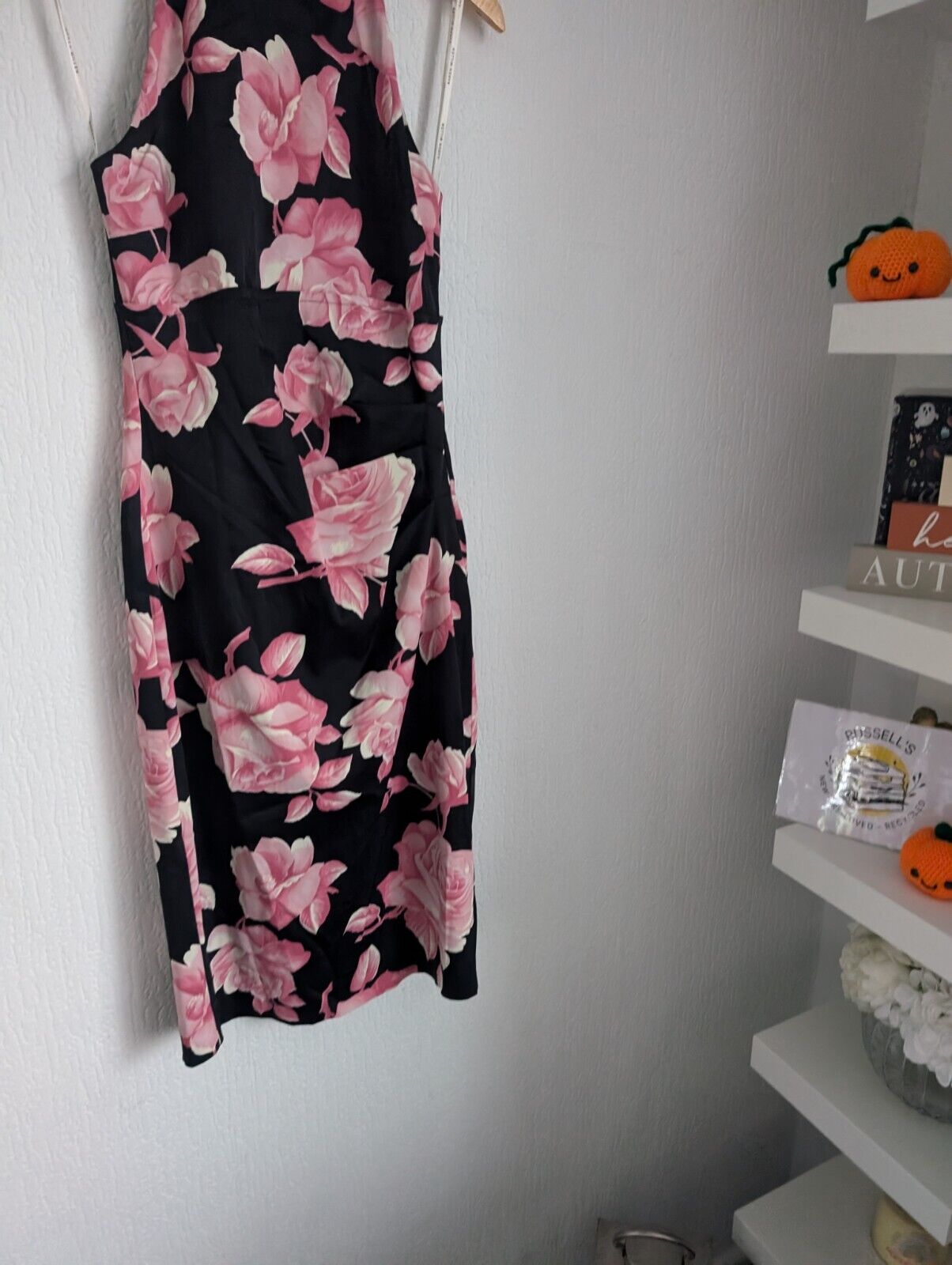 New Karen Millen Rose Print Halterneck Dress In Black/ Pink Size UK 12 Occasion