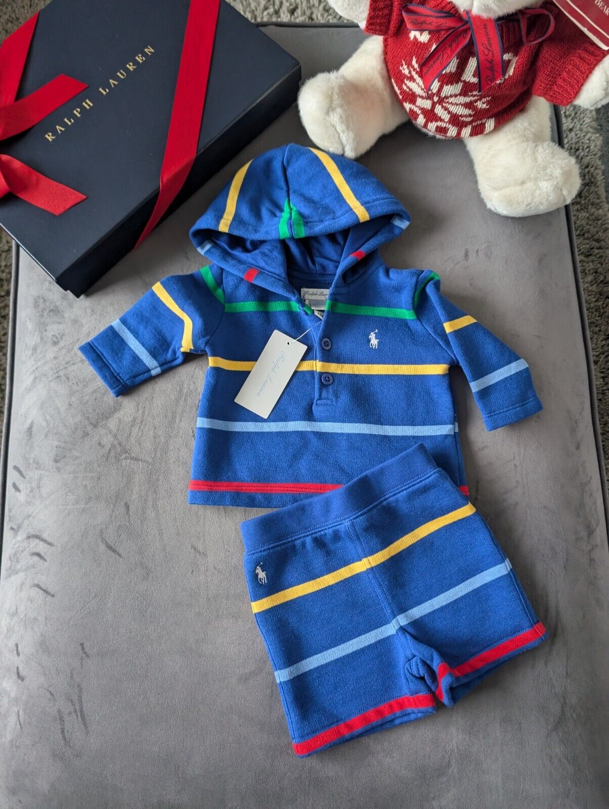 New Ralph Lauren Baby Boy Blue Short And Hoodie Set Gift Stripe Multi 0-3m Cute