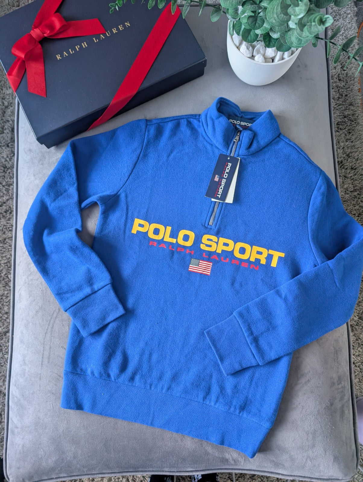 New Ralph Lauren Boys Tracksuit Top Blue 1/4 Zip Polo Sport 10-12y Gift Blue