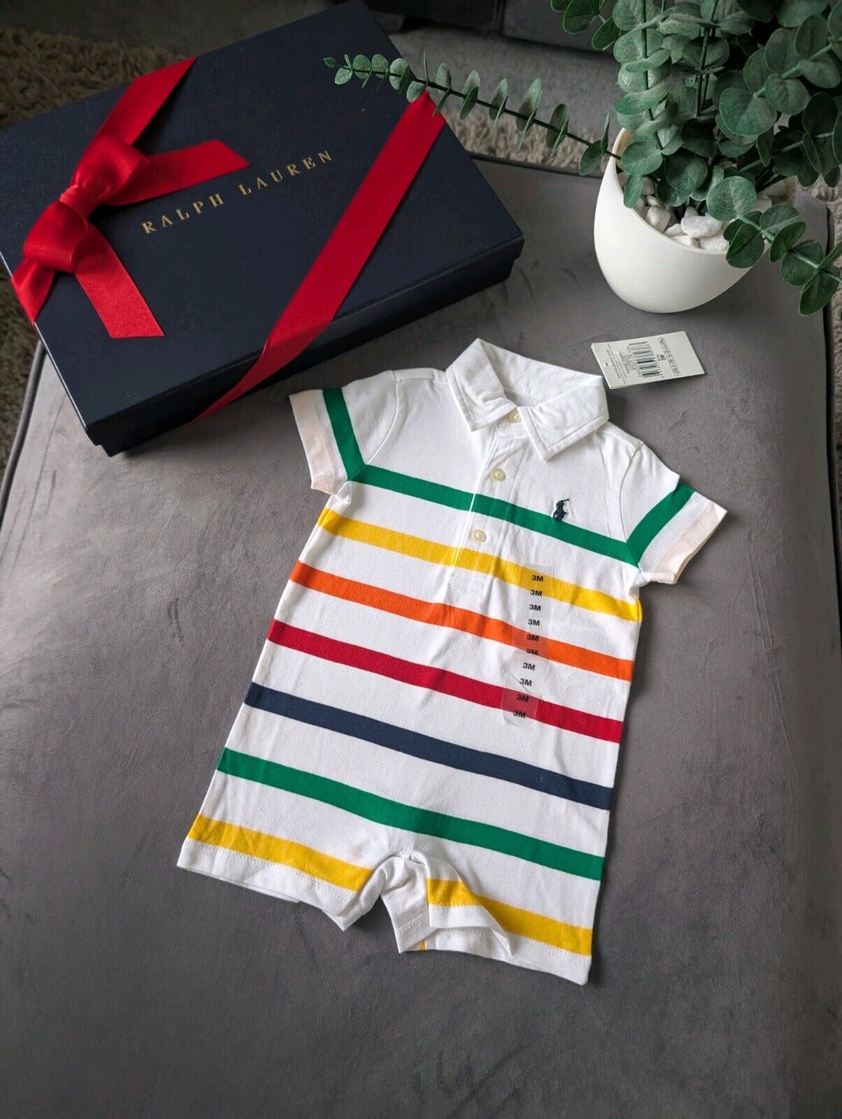 New Ralph Lauren Baby Boy Multi White Stripe Romper 6m Gift Cute Baby Summer