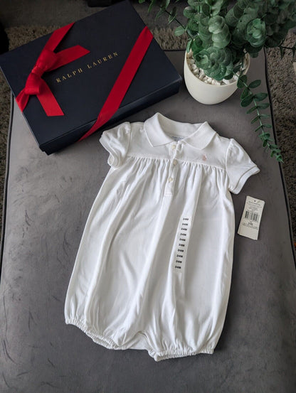 New Ralph Lauren Bubble Shortall White Girls Pony White Romper One-Piece  18-24m