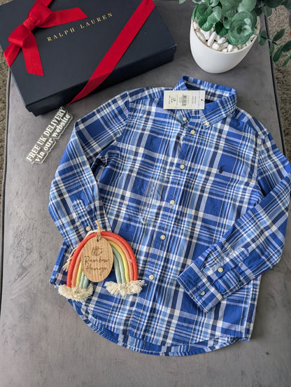 New Ralph Lauren Blue White Check Boys Shirt Smart Occasion Age 7 Yrs Gift