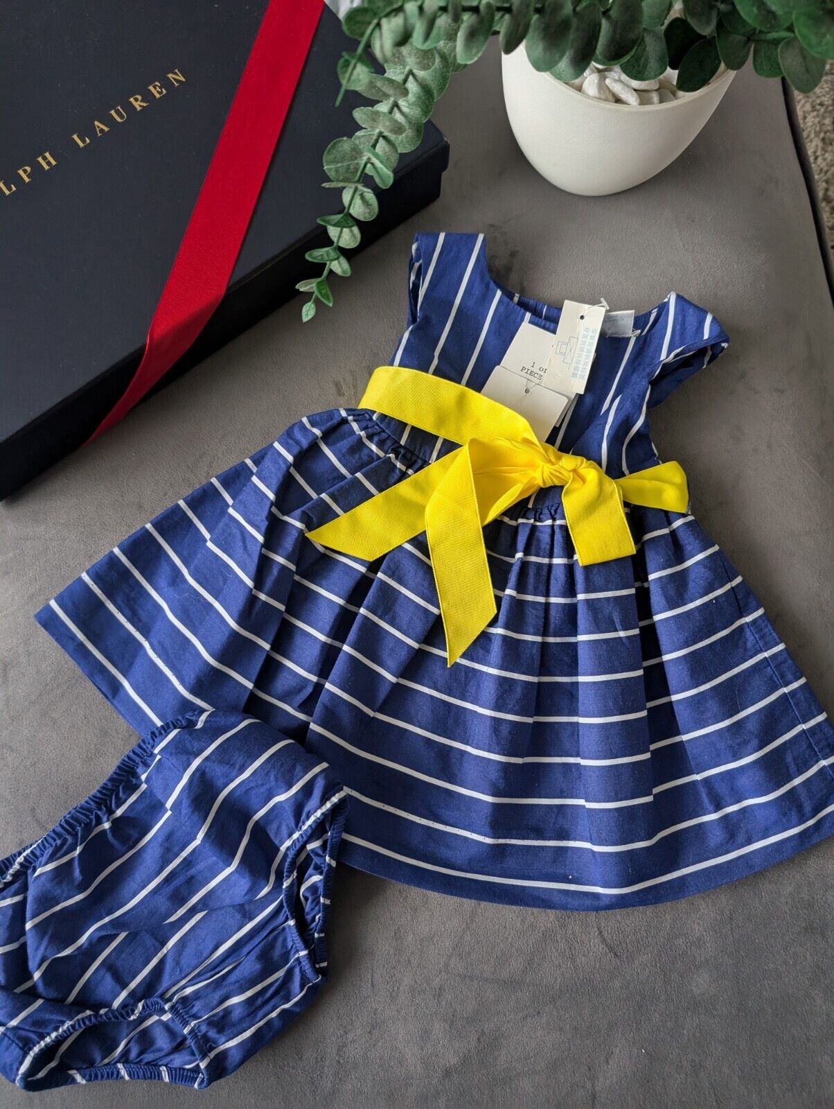 New Ralph Lauren Baby Girls Navy Polka Dot Spotty Dress 3-6m Stripe Gift Cute