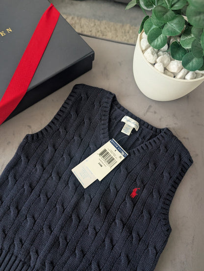 New Polo Ralph Lauren Navy Blue Cable Knit Sweater Jumper Vest Age 2 Smart Gift