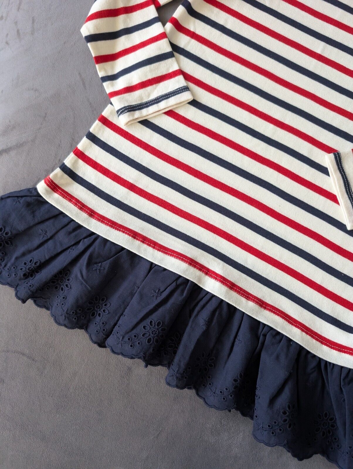 New Ralph Lauren Girls Stripe Navy Red Ivory Dress Embroidered Age 6 Thin Jumper