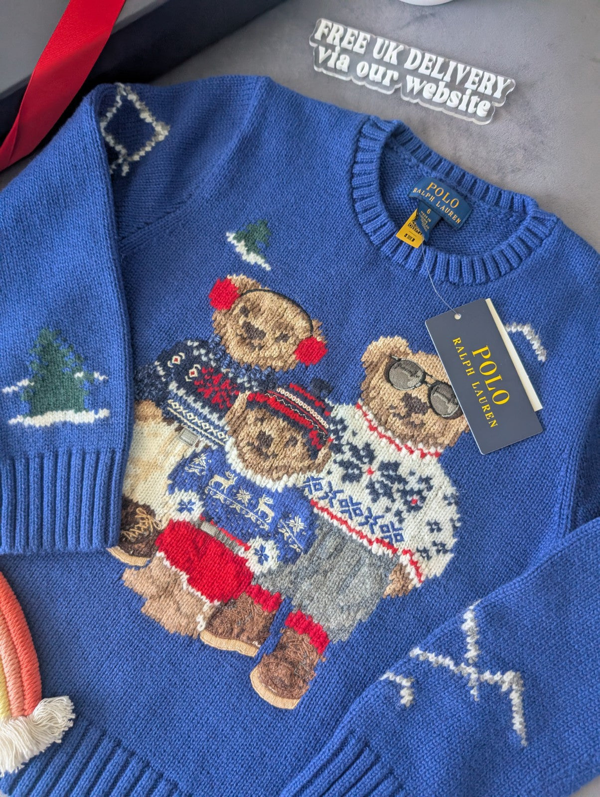 New Ralph Lauren Cotton/Wool Blend Polo Holiday Family Bear Knit Jumper 5-6Yrs