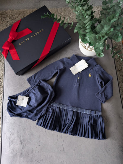 New Ralph Lauren Pleated shirt dress Blue Bow 6-9m Occasion Formal Tennis Gift