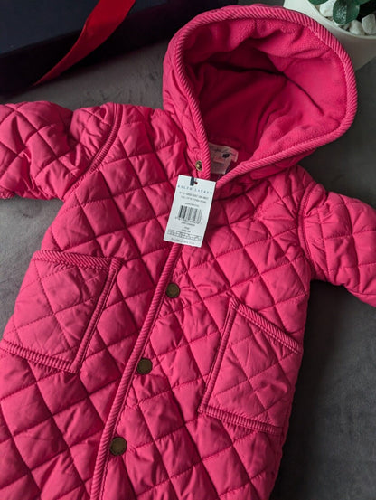 New ralph lauren Pink Quilted fleece lined pram suit snowsuit 0-3 Gift Girls