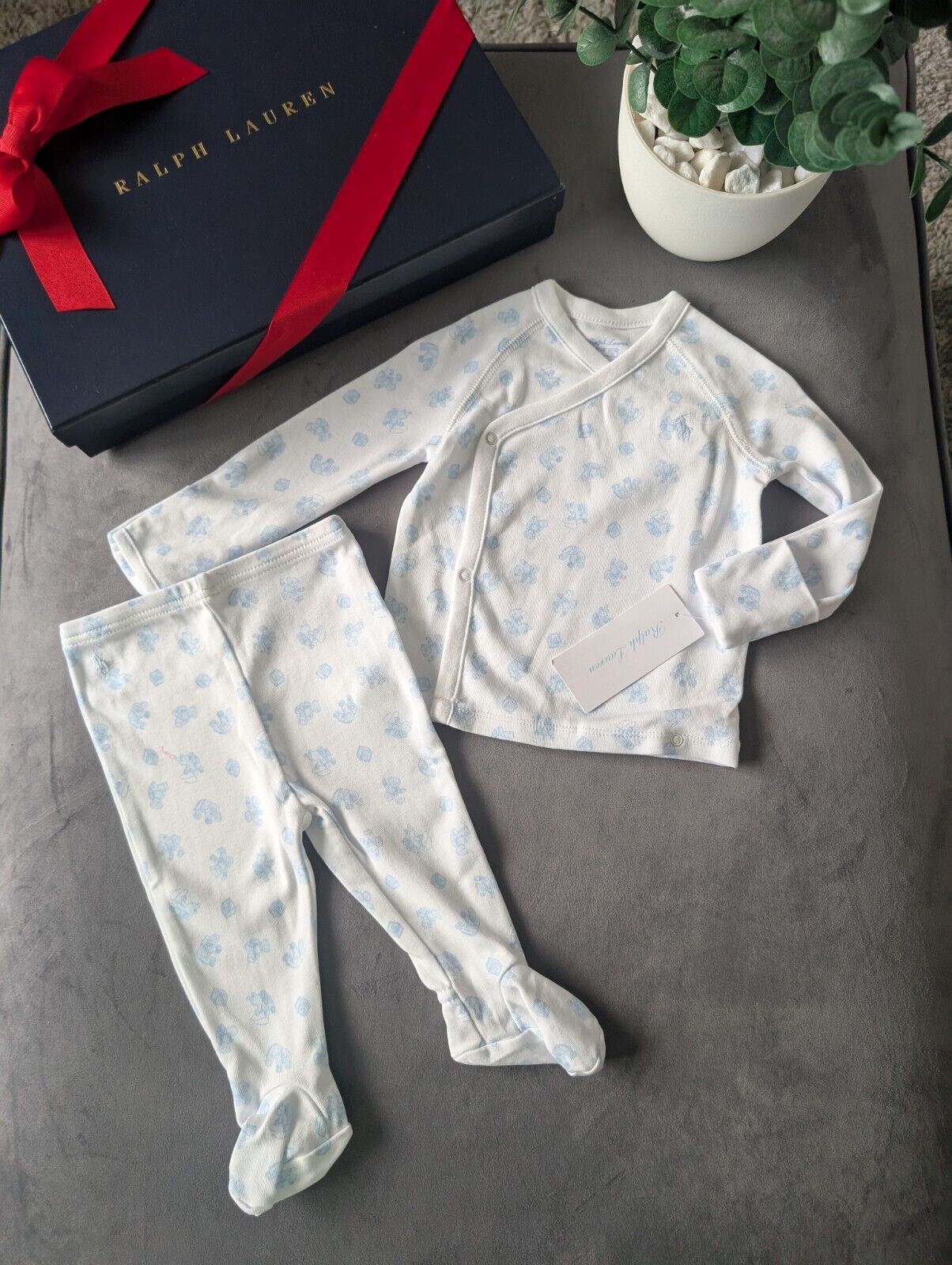 New Ralph Lauren Baby Boy 2 Piece Pyjamas Set 3-6m Blue White Gift  Top +Bottoms