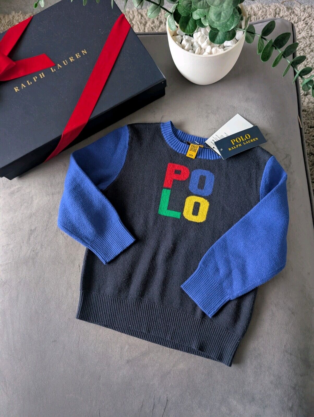 New Ralph Lauren Boys Colour Block Fine Knit Jumper Polo Logo Blue Gift 2-3y