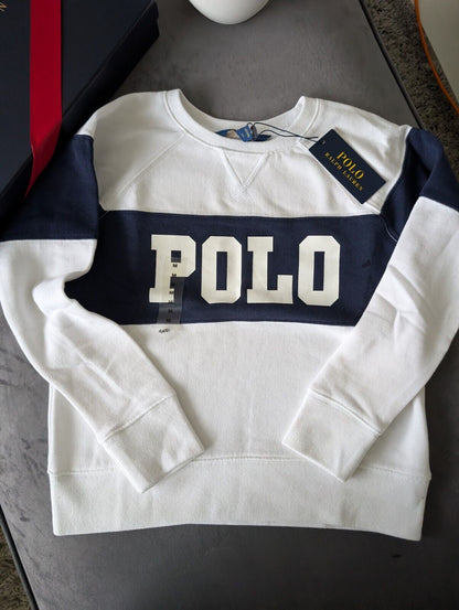 New Ralph Lauren Girls 8-10yrs Ivory  Fleece Pullover Jumper Navy White £89