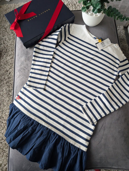 New Ralph Lauren Girls Navy Stripe Dress Jumper Dress Frill Age L 12-14y Gift