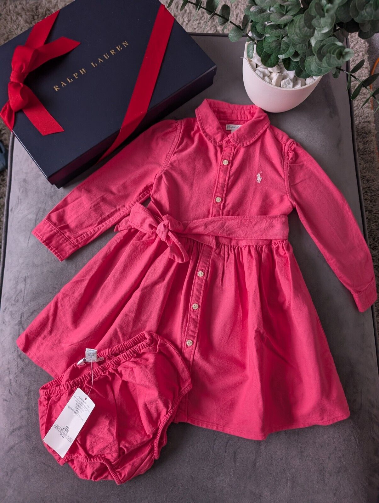 Bnwot Ralph Lauren Polo girls buttoned Oxford Shirt dress Pink Belt 18m Gift