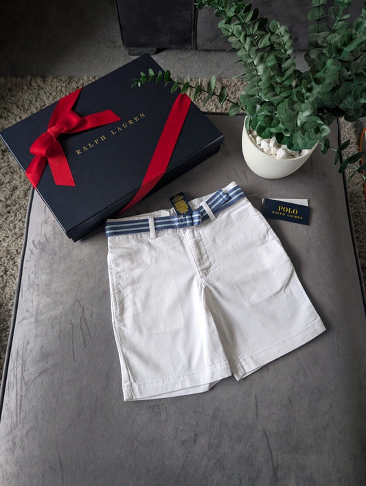 New Ralph Lauren Boys White Chino Shorts + Belt Smart Gift Age 5 Casual Summer