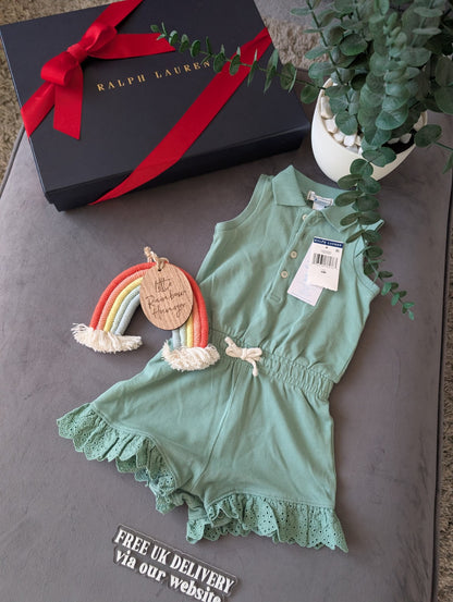 New Ralph Lauren Girls Green Frill Playsuit Gift Pretty 6-9m Summer Beach Gift