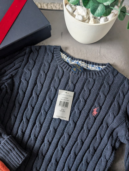 New Polo by Ralph Lauren Cable Knit Jumper Navy Girls 6-7 Years Smart Warm Gift