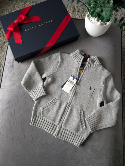 New 2024 Season Ralph Lauren boys smart Grey Full zip Grey knit jumper 5-6y