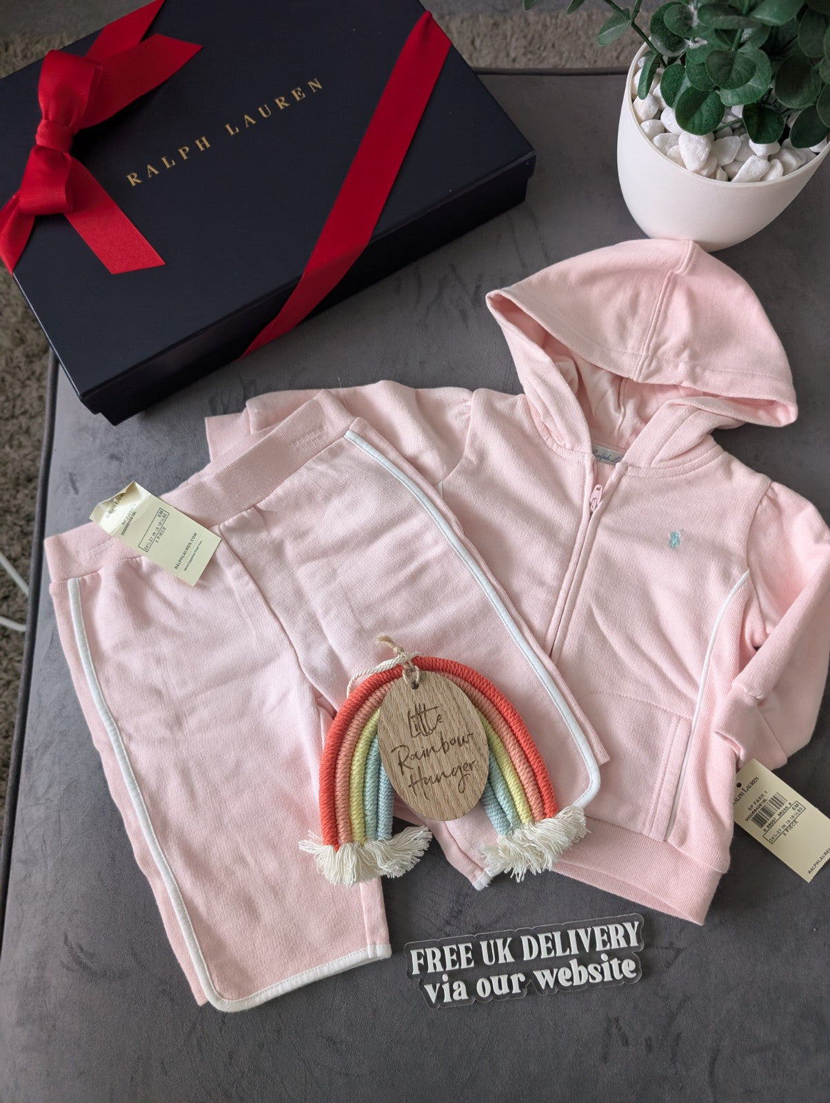 New Gorgeous Ralph Lauren Pink White Baby Girl Tracksuit  3-6m Gift Baby 2 Piece