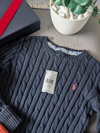 New Polo by Ralph Lauren Cable Knit Jumper Navy Girls 6-7 Years Smart Warm Gift