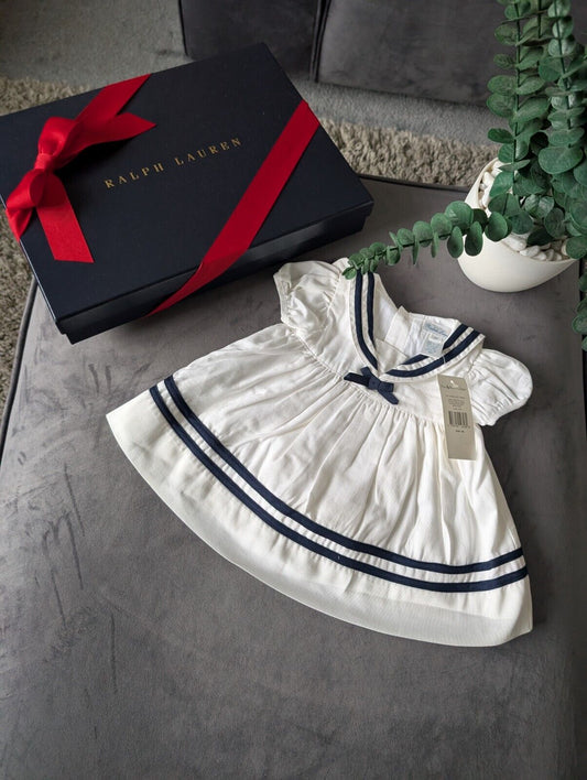 New stunning Ralph Lauren baby girls sally sailor dress white navy bow 0-3m