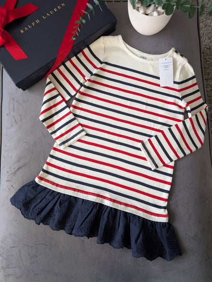 New Ralph Lauren Girls Stripe Navy Red Ivory Dress Embroidered Age 6 Thin Jumper