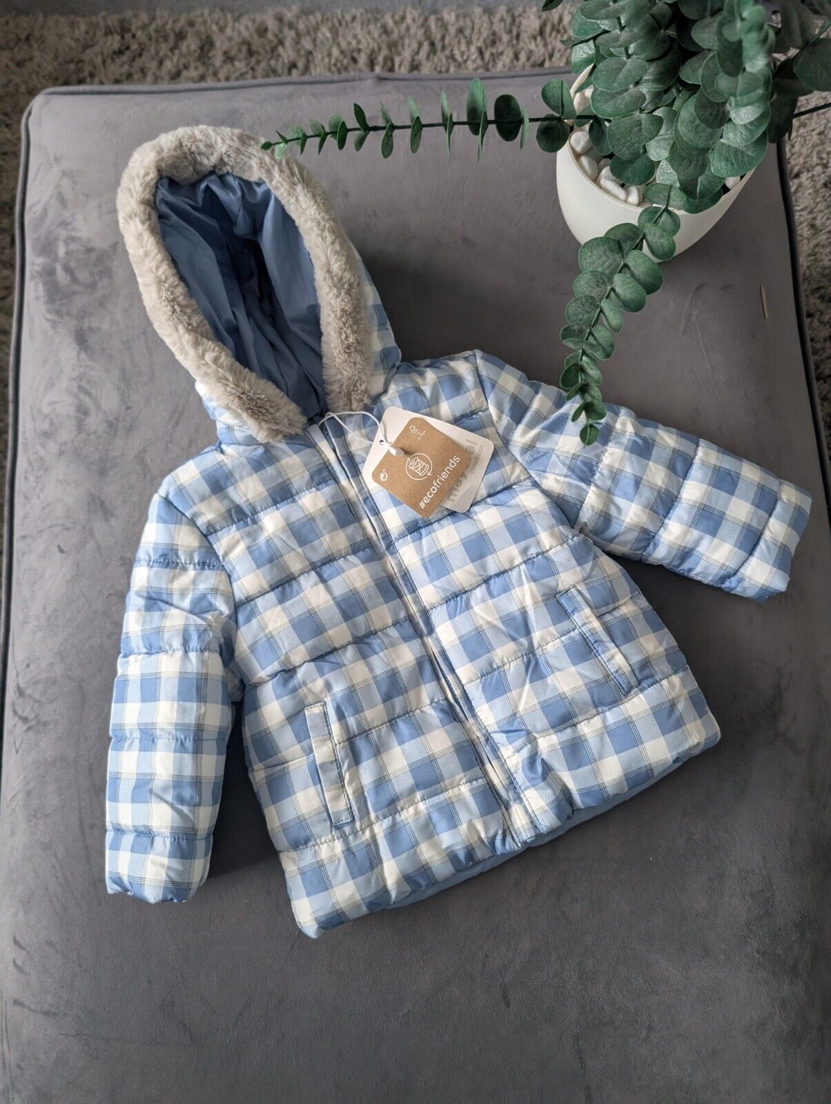 New Baby Mayoral Padded Winter Coat Age 6/9mth Blue Check Fur Trim Hood Gift