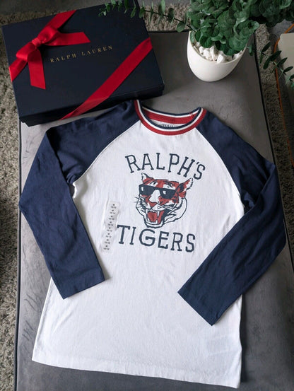 New Ralph Lauren Boys Blue Ralph Tigers Logo Ralph T Shirt Long Sleeve 10-12yrs