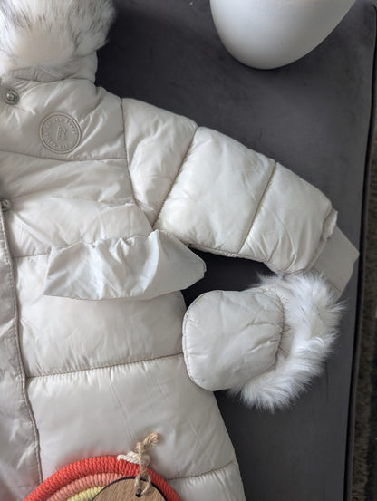 Ted Baker Silver Padded Ruffle Trim Snowsuit & Mittens Set Age 3-6mths BNWT £54