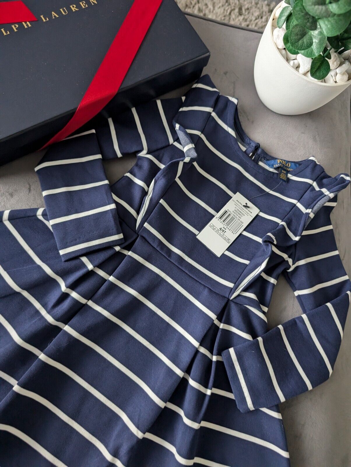 New Polo Ralph Lauren Girls Navy Striped Ruffled Ponte Dress Ruffle 4 Yrs