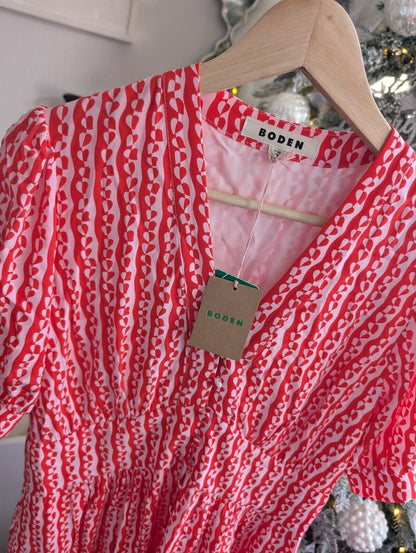 boden womens tea dress pink & Red elsa Midi Heart print button up size 12R occasion