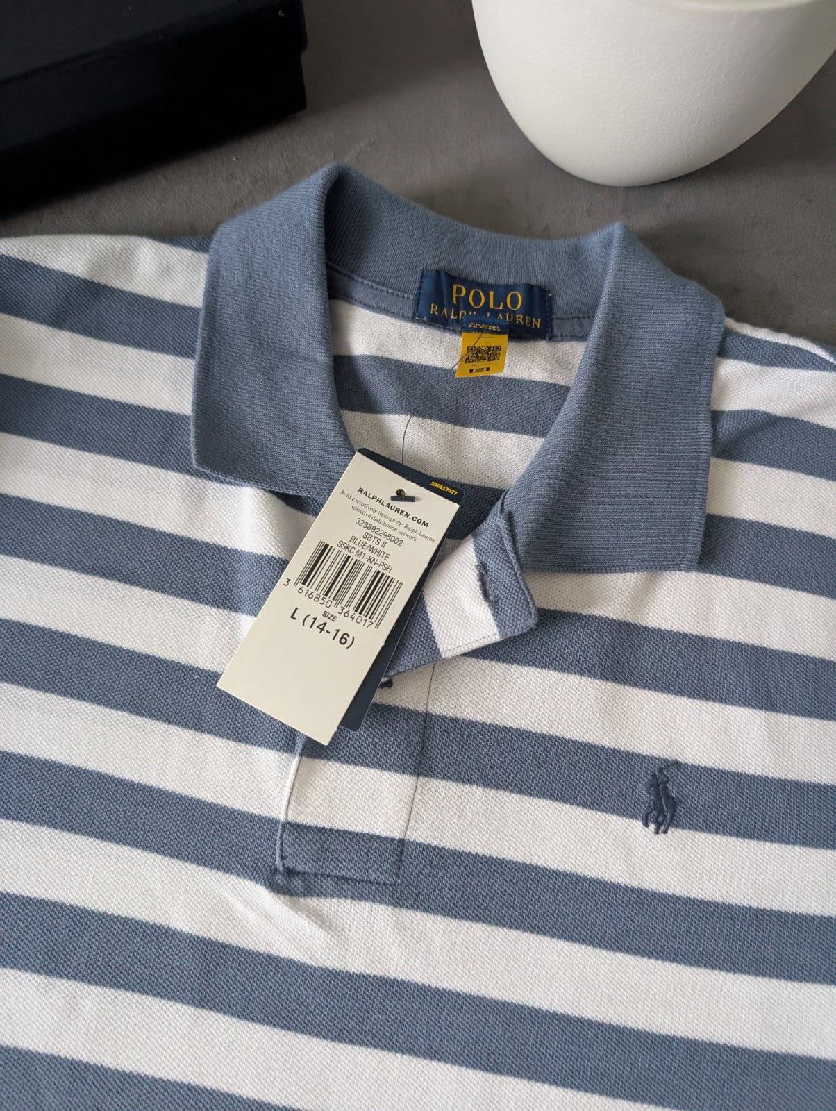 New Ralph Lauren Boys Smart Stripe Short Sleeve Polo Blue White  14y Boys