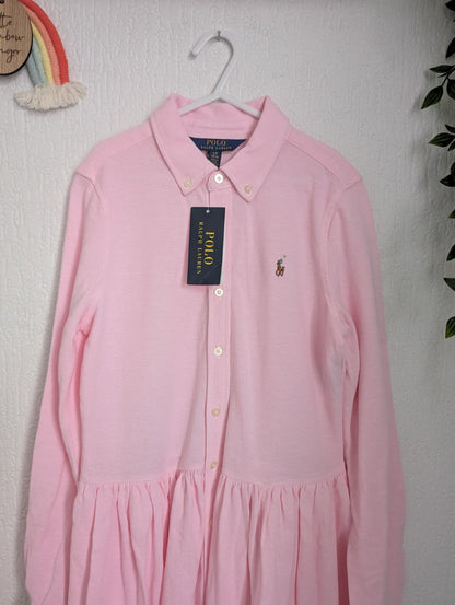 New Ralph Lauren Pink Embroided Logo Smart Formal Cotton Oxford Shirtdress 12yrs