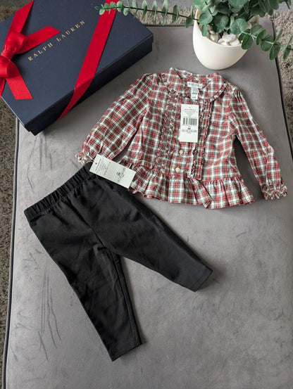 New Ralph Lauren Girls Poplin Plaid Check Shirt Frill + Leggings Set Gift 6-9m