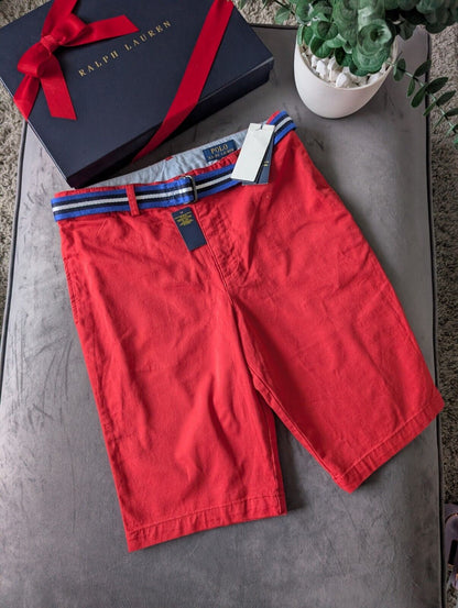 New Ralph Lauren Boys Red Chino Shorts + Belt Smart Gift Age 13 Casual Summer