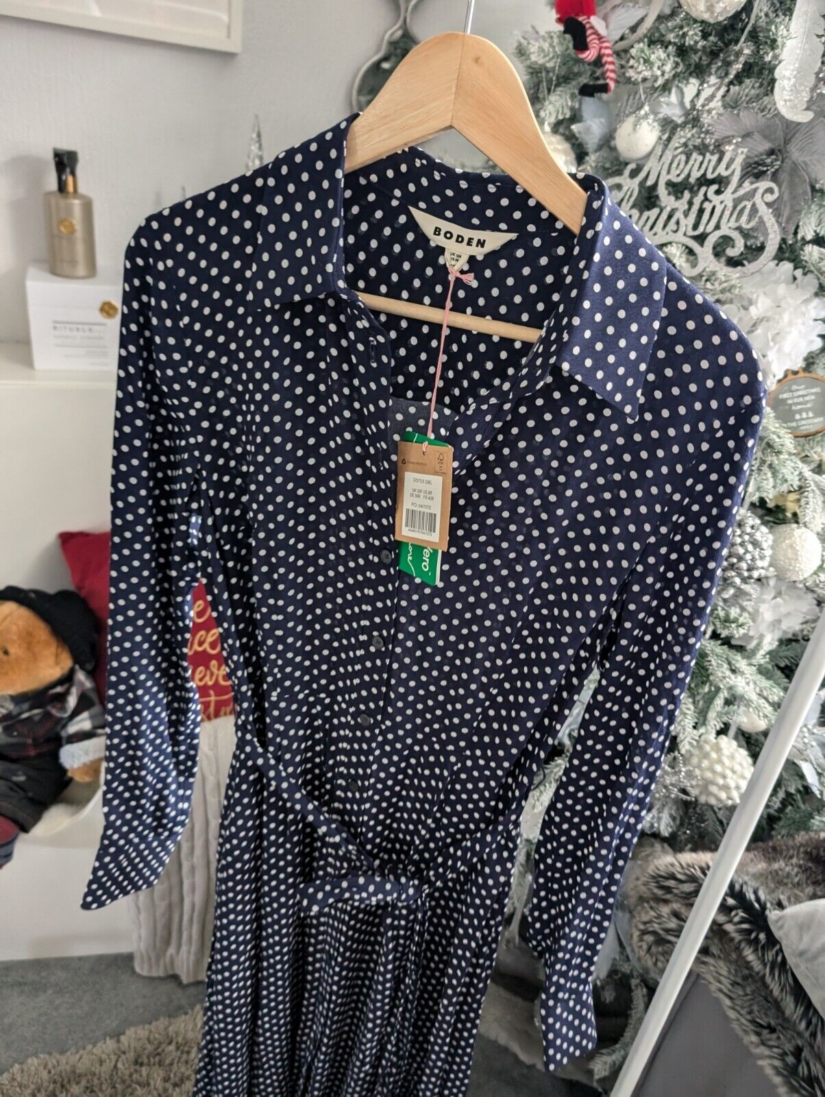 New Boden Katie Midi Shirt Dress Belted Navy Polka Dot Spotty UK 12R occasion £72