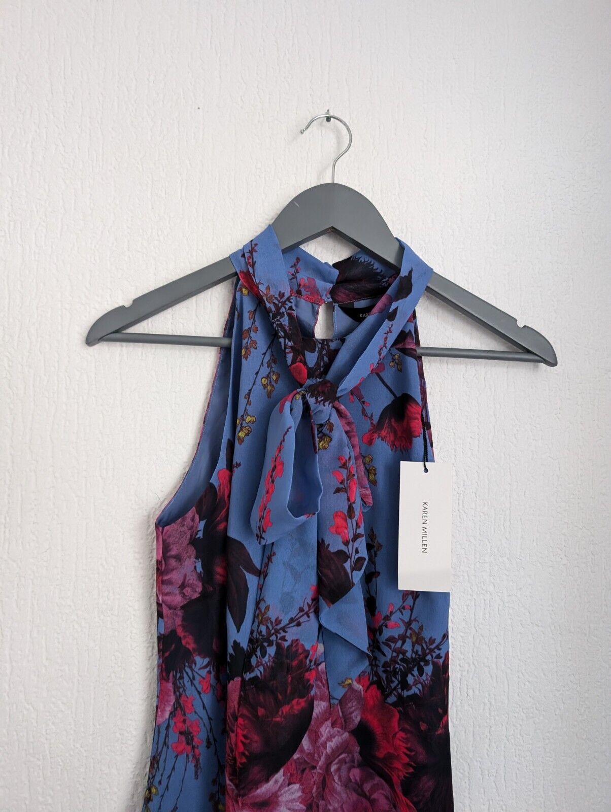 New stunning Karen millen blue floral halter neck pussybow blouse top UK 10