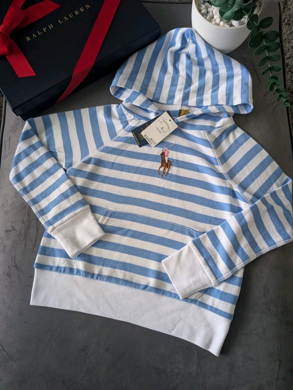 New Ralph Lauren Blue Stripe Big Pony White Hoodie Size Kids 7Yrs Gift Terry