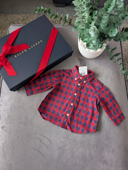 New Ralph Lauren Baby Boy Checked Shirt Smart Occasion Gift Age 3m Red L Sleeve