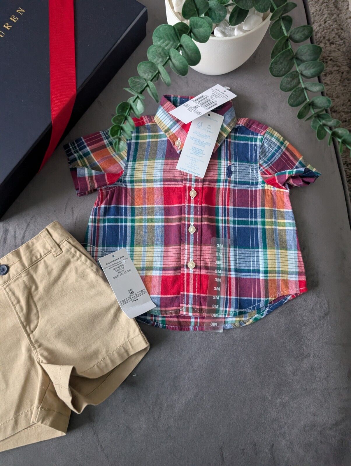 New adorable Ralph Lauren boys Check Shirt + Chino Short Smart Cute 0-3m Gift