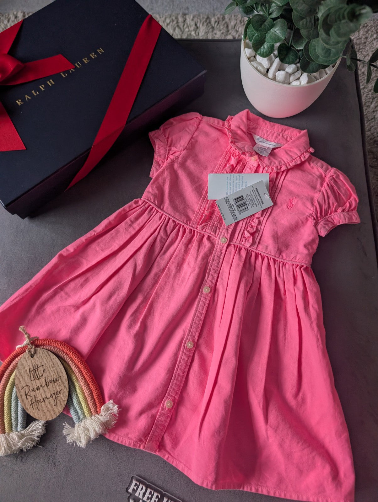 New Girls Polo Ralph Lauren Gorgeous Plain  Dress Oxford Neon Pink 12-18m Smart