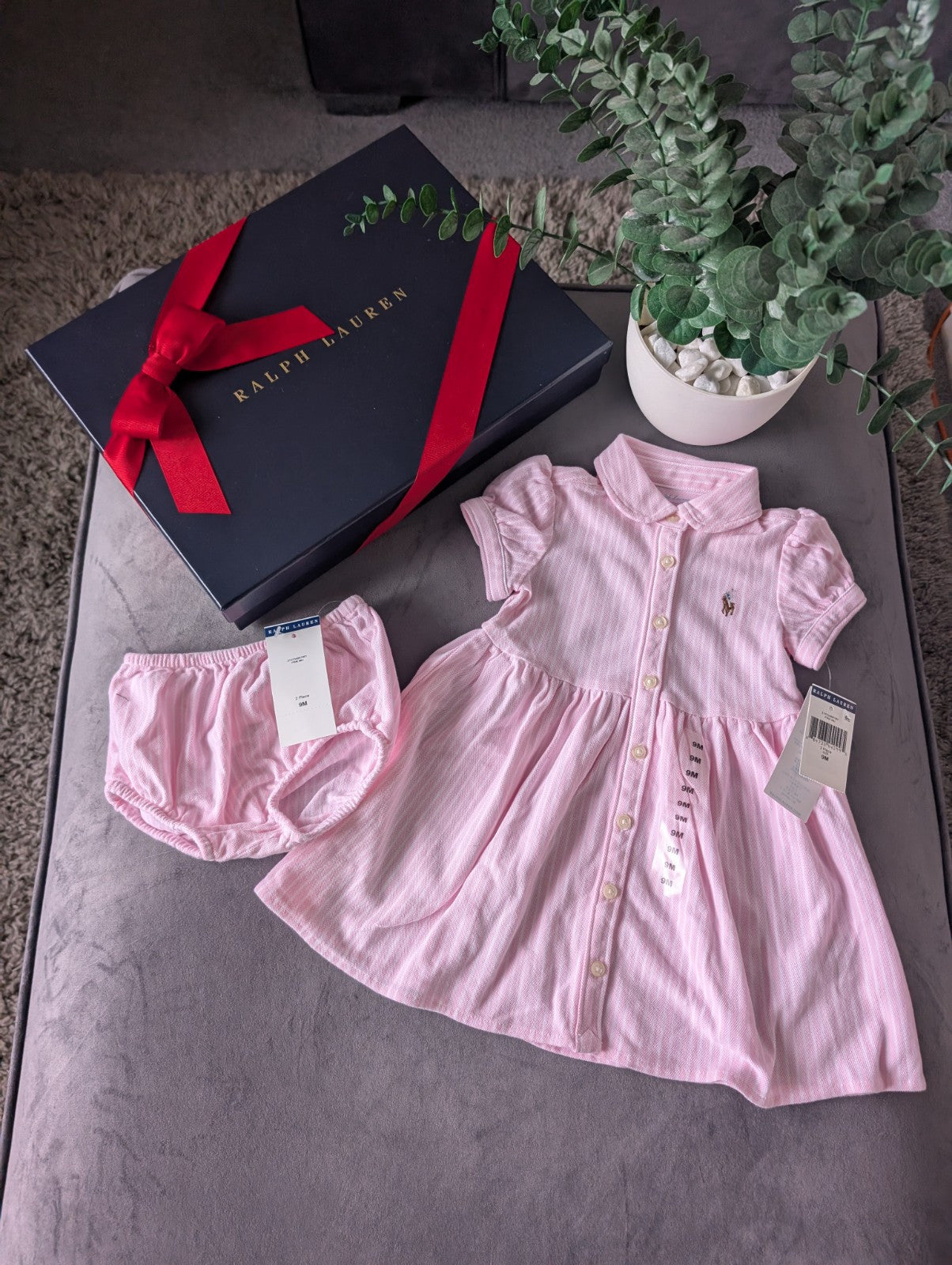 New Ralph Lauren Baby Girl Oxford Mesh Dress & Bloomer Carmel Pink 6-9m Gift