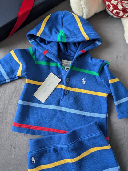 New Ralph Lauren Baby Boy Blue Short And Hoodie Set Gift Stripe Multi 0-3m Cute