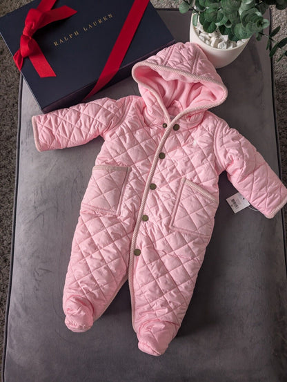 New ralph lauren Baby Pink quilted fleece lined pram suit snowsuit 0-3m Gift