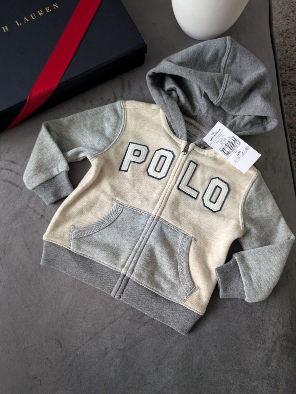 New Ralph Lauren Baby Boys Grey Ivory Hoodie Navy Multi 12m Gift Full Zip