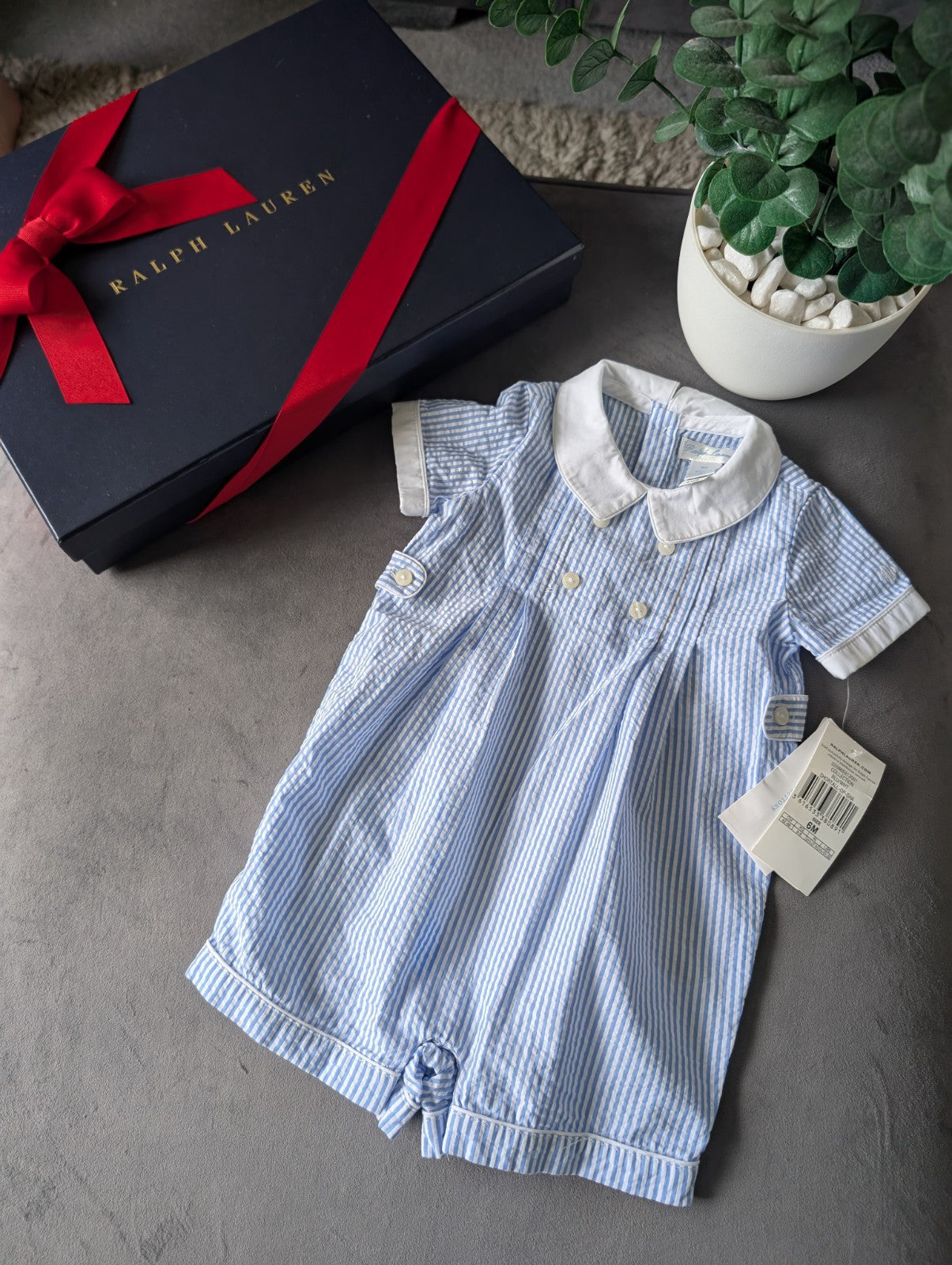 New Ralph Lauren Baby Boy Checked Blue Romper 3-6m Gift Cute Summer Luxury