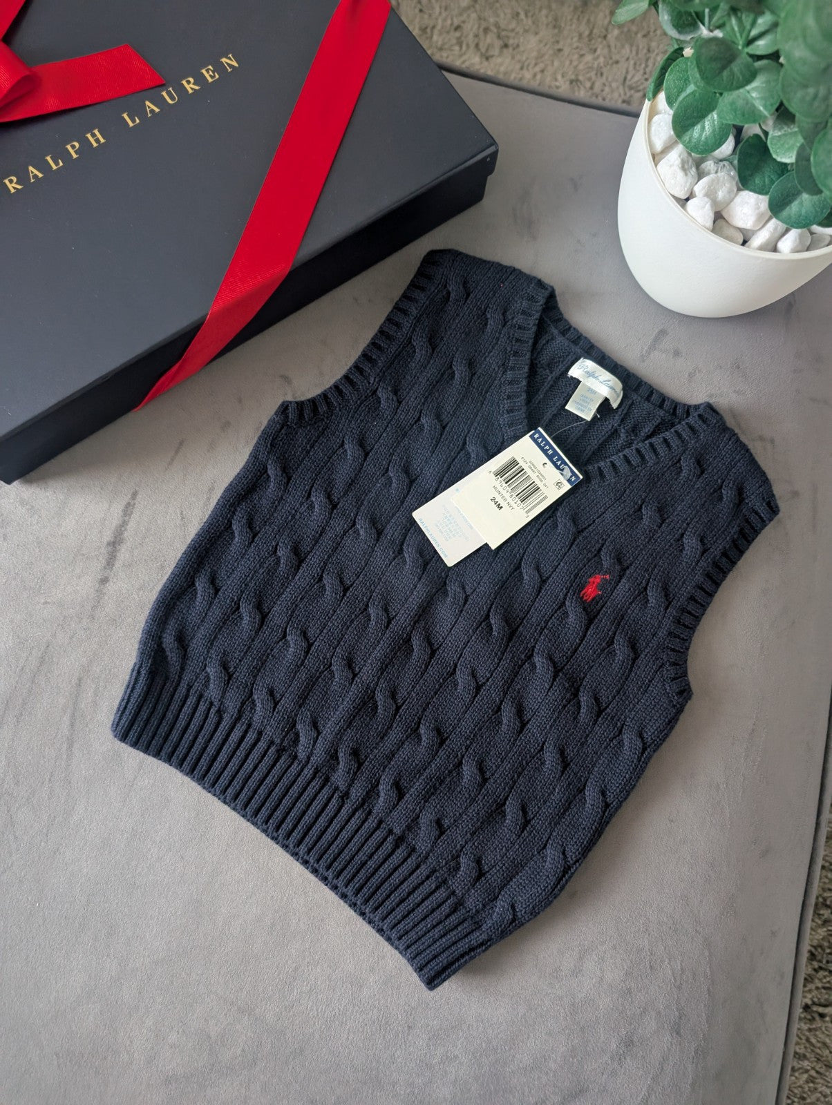 New Polo Ralph Lauren Navy Blue Cable Knit Sweater Jumper Vest Age 2 Smart Gift